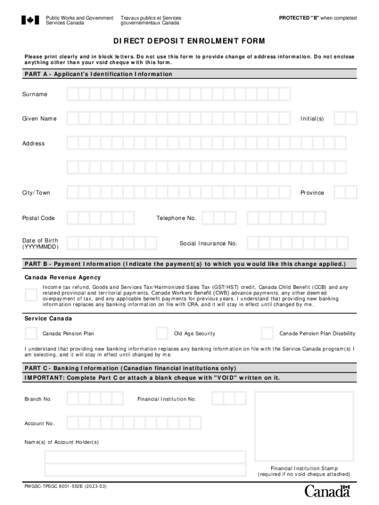  Canada Direct Deposit Enrolment FormFormulaire D&#039;inscription Au Dpt Direct Au Canada 2023-2024