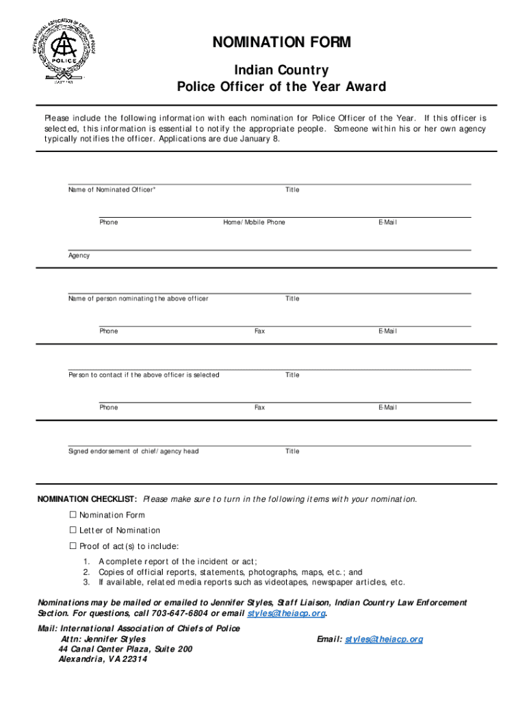Indian Country Police Officer of the Year Award  Form