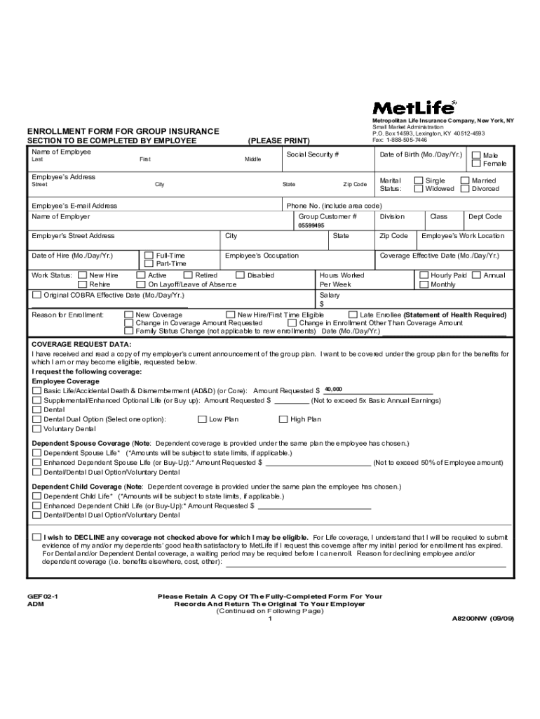 Fillable Online ENROLLMENT FORM for GROUP