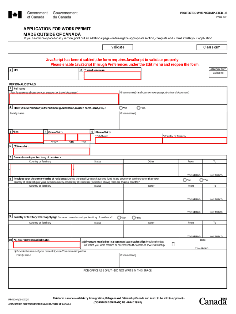  IMM 1295 E Application for Work Permit Made Outside of Canada Imm1295e PDF 2022-2024