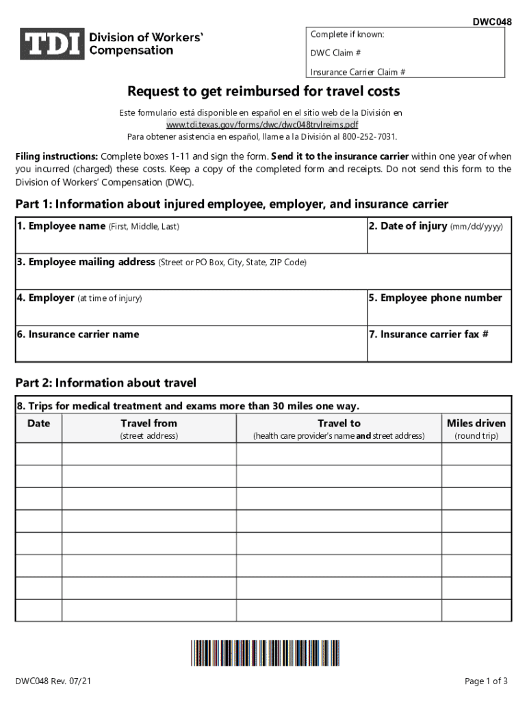 DWC048 Complete If Known DWC Claim # Insurance C  Form