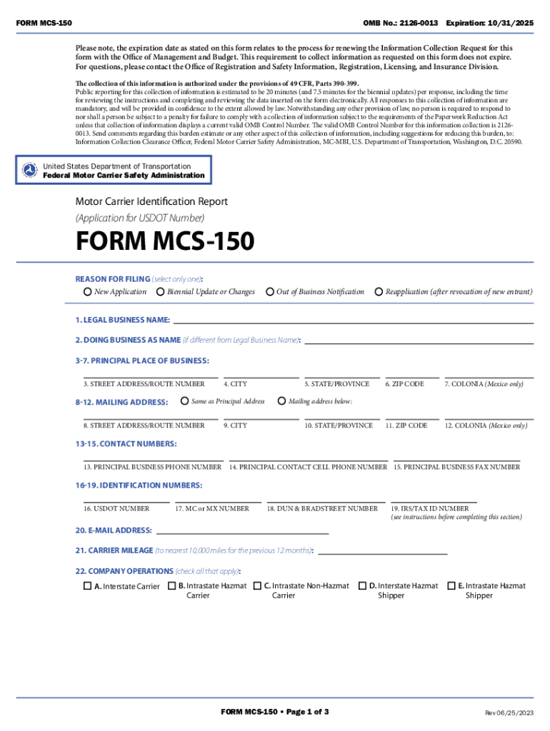  FMCSA Form MCS 150 2023-2024