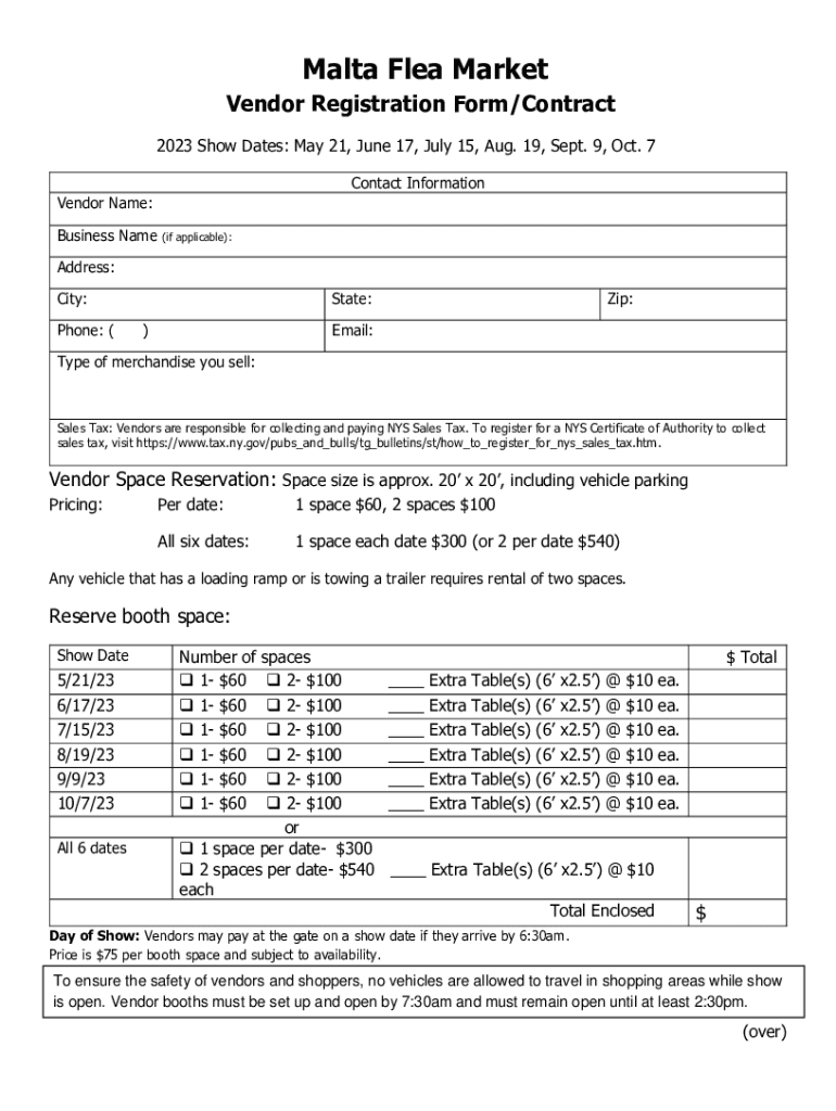 Malta Flea Market Vendor Registration FormContract