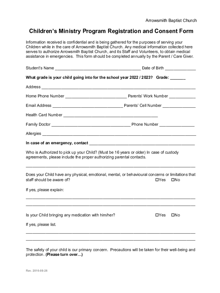 Children&#039;s Ministry Program Registration and Consent Form