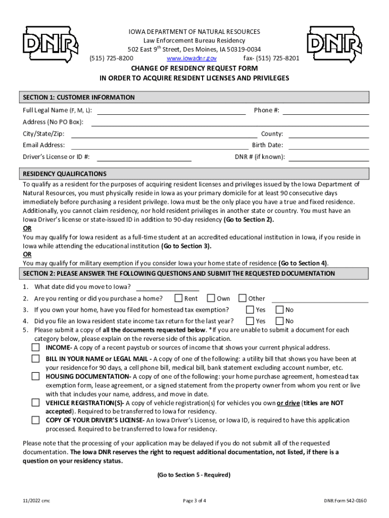 Change of Residency Request Form in Order to Acuire Resident Licenses and Privileges