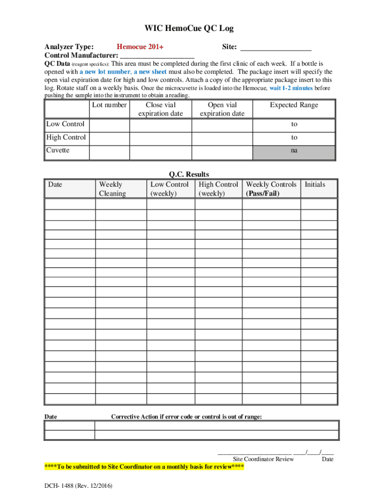  Hemocue Glucose 201 Quality Control Log Sheet 2016-2024