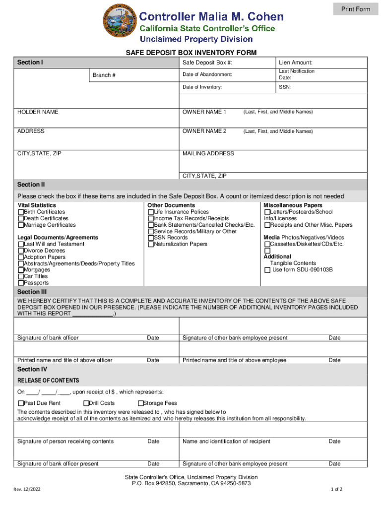 Hotel Safety Deposit Box Form Fill Out and Sign Printable