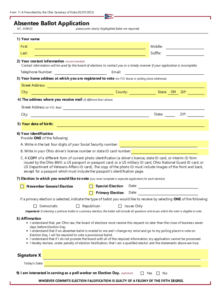  Form 11 a Prescribed by the Ohio Secretary of Stat 2023-2024