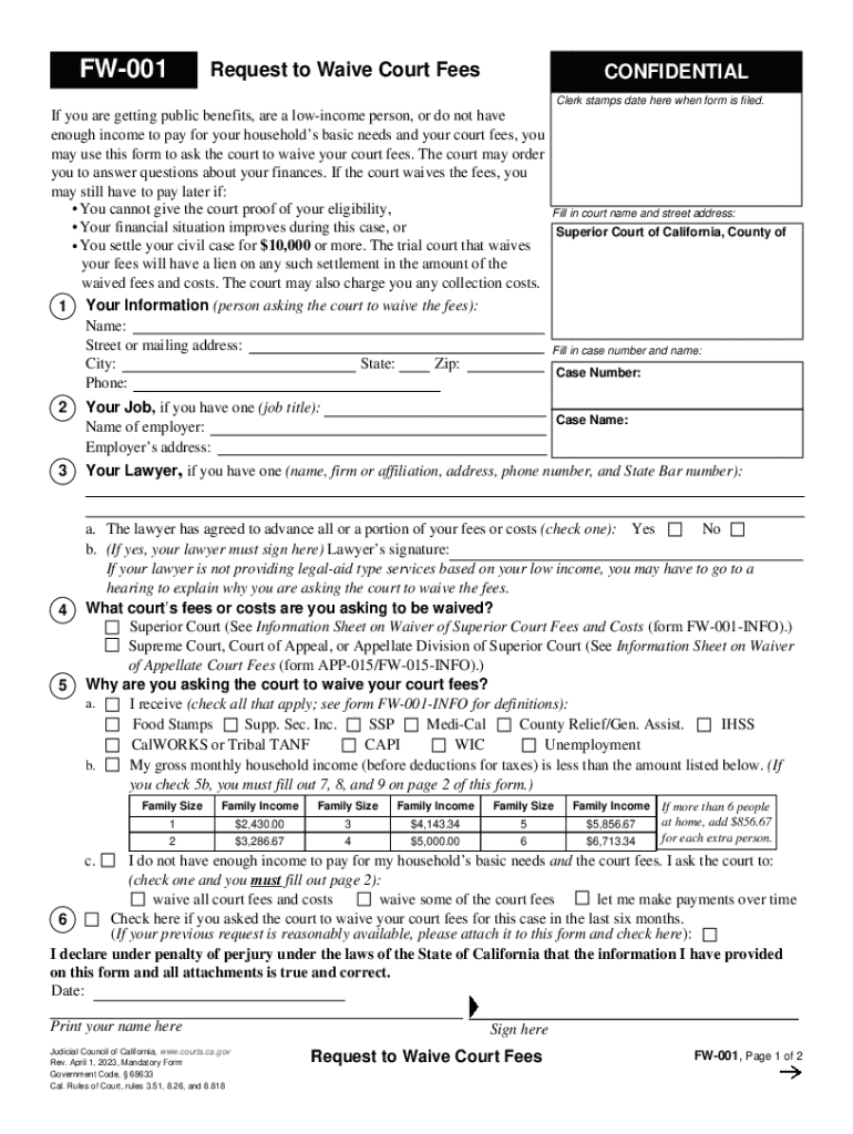  FW 001 Request to Waive Court Fees 2023-2024