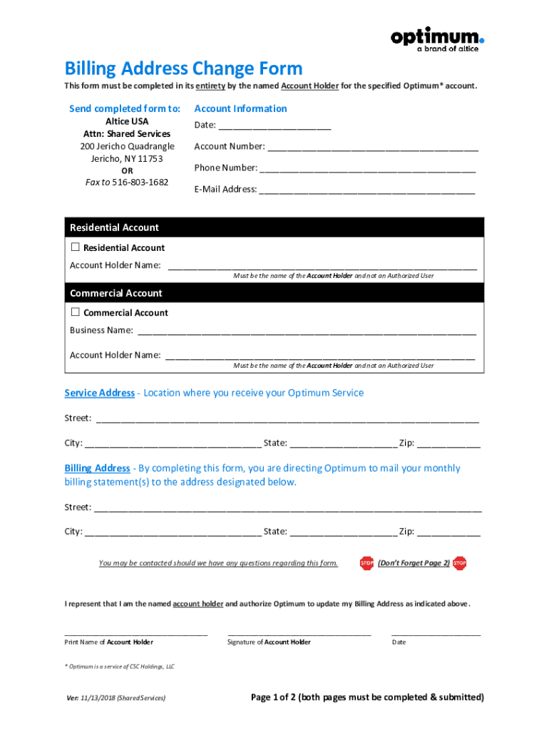  Business Name Change Service Takeover Form Optimum 2018-2024