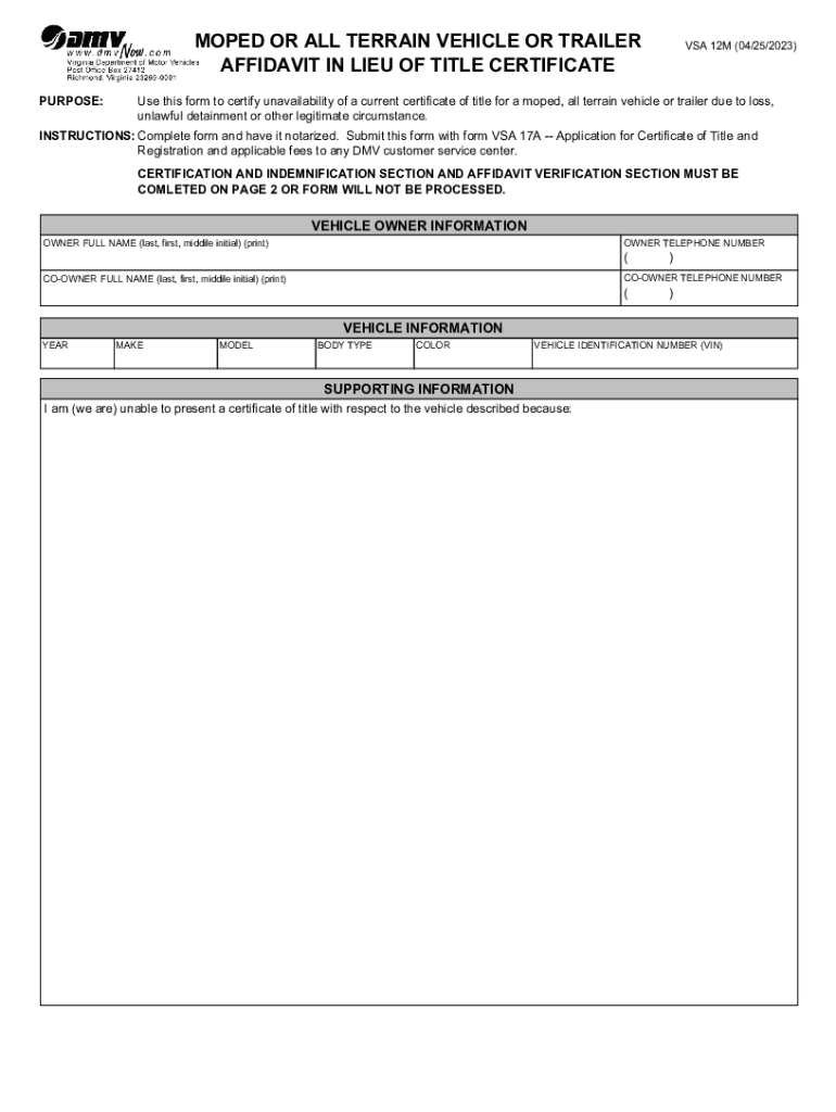  Moped &amp;amp; ATV Affidavit in Lieu of Title Certificate VSA 12M 2023-2024