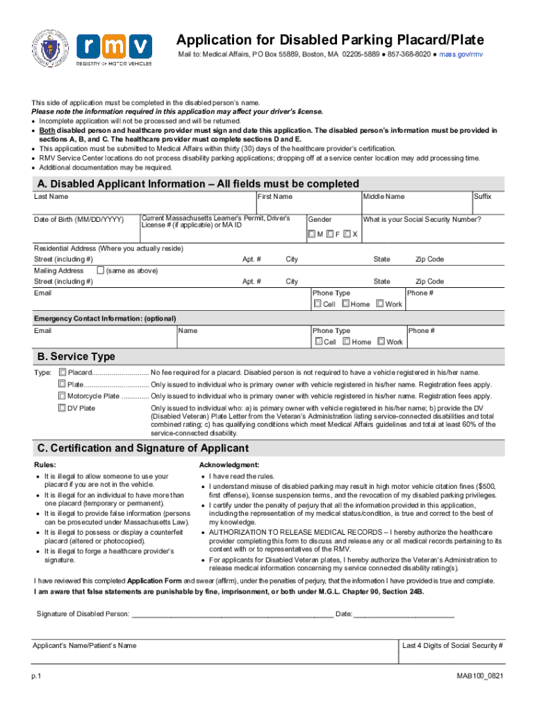  Ma Handicap Placard Application Fill Online, Printable 2021-2024