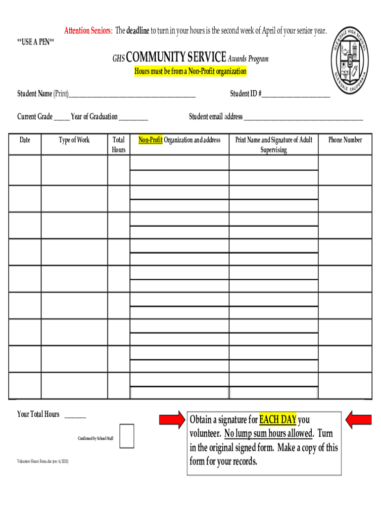  Student Forms Community Service Form 2023-2024