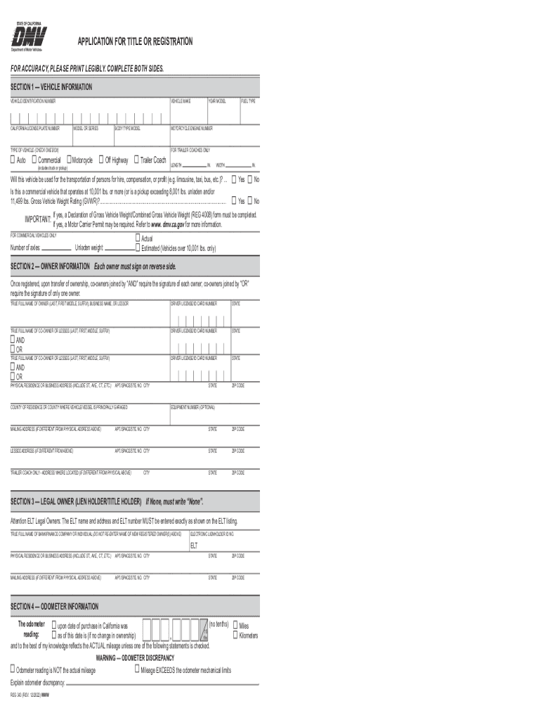  DsRegistration Form, REG 343, Application for Title or Registration, First Time Registration, Out of State, Reregister Vehicle 2022-2024