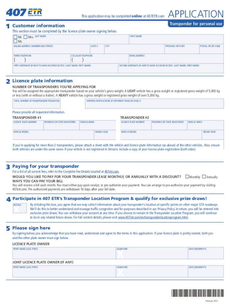  Application for 407 Transponder Lease Fill Out &amp;amp; Sign Online 2023-2024