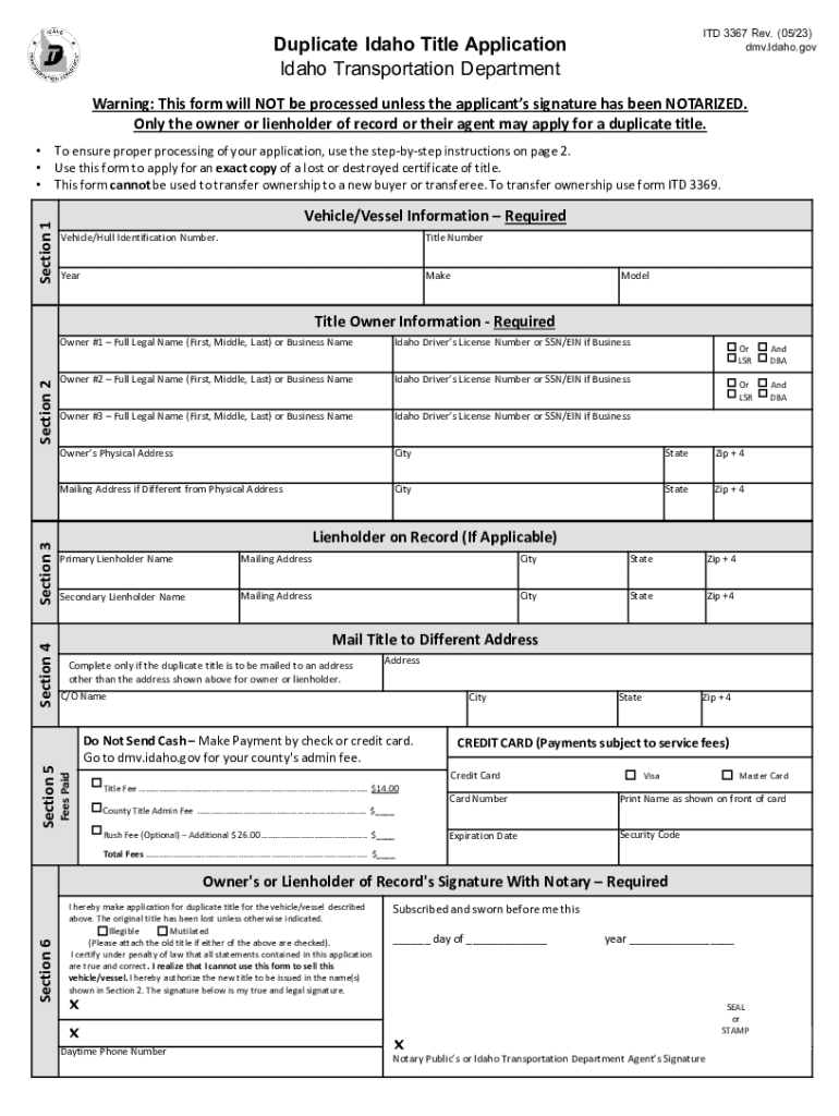  Duplicate Idaho Title Application Form ITD 3367 Rev 04 18 2023-2024