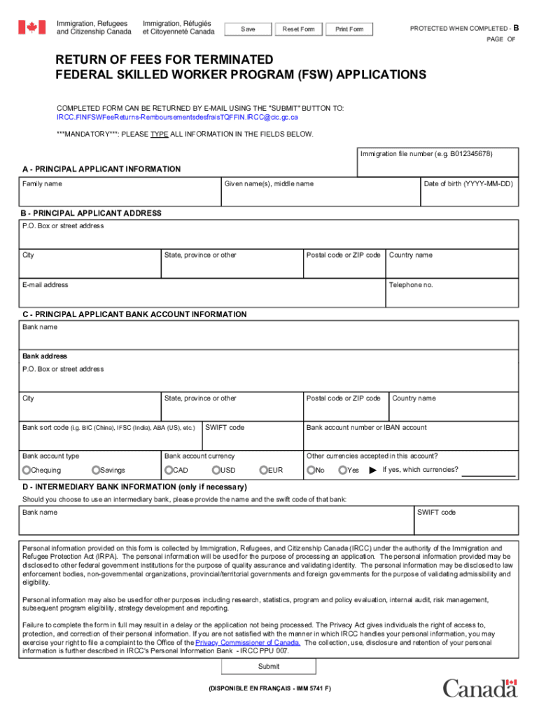  IMM 5741 E RETURN of FEES for TERMINATED FEDERAL SKILLED WORKER PROGRAM FSW APPLICATIONS Imm5741e PDF 2022-2024