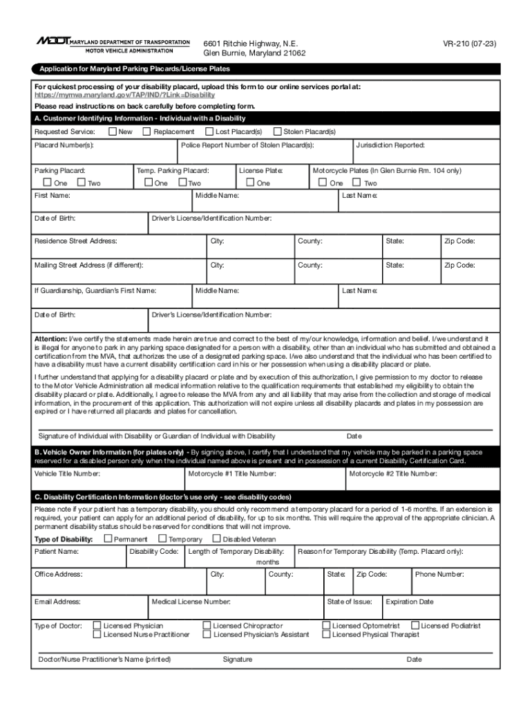  MVA FORM VR 210 APPLICATION for MARYLAND 2023-2024