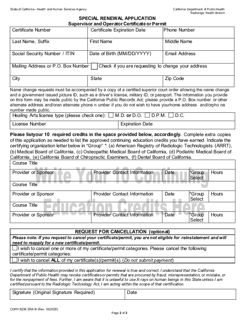  Supervisor and Operator Certificate or Permit Special Renewal Application 2020-2024