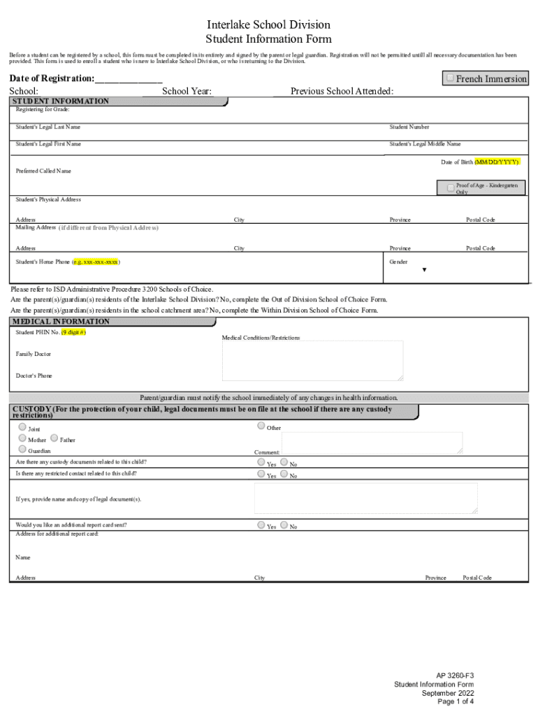 Interlake School Division Student Information Form