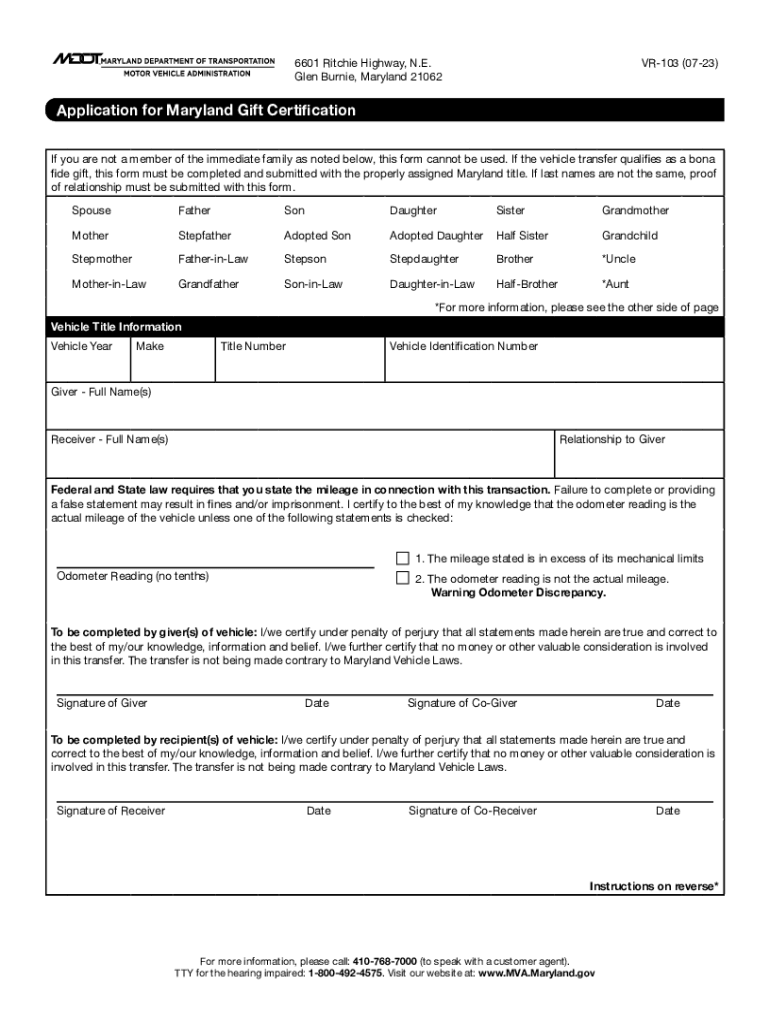  Form VR 103 Application for Maryland Gift Certification 2023-2024