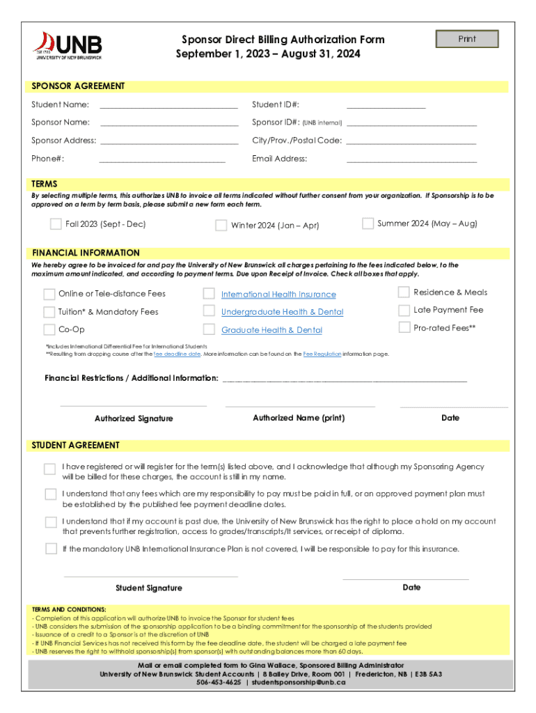  Sponsor Direct Billing Authorization Form September 1, 2023-2024