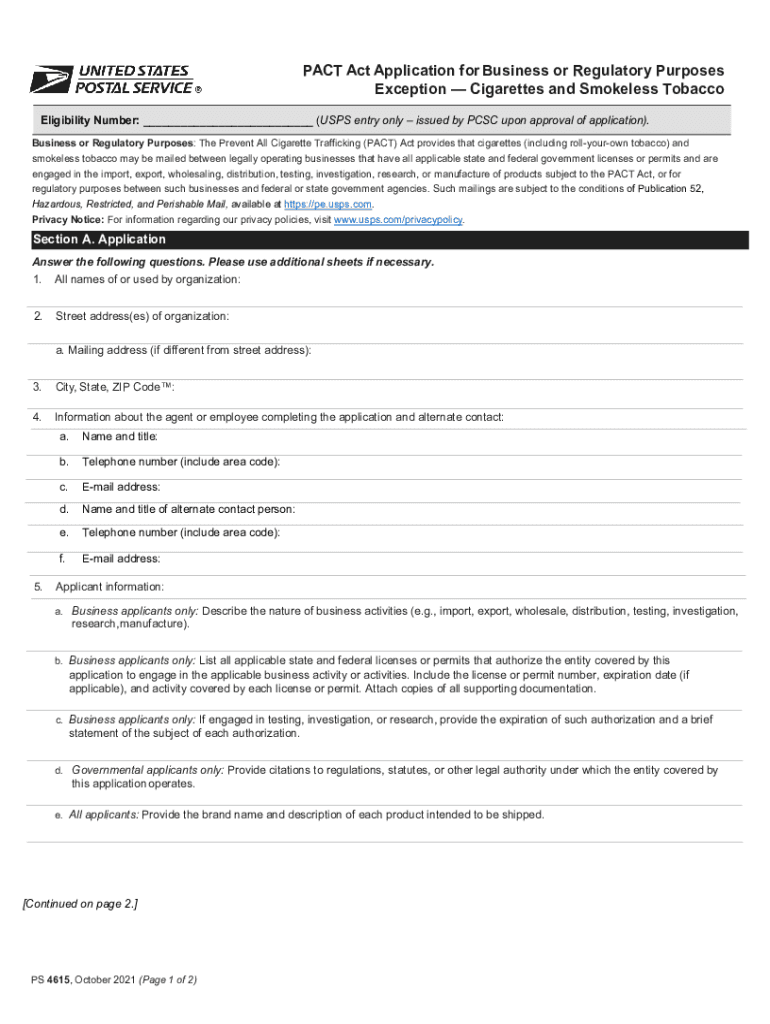 PS Form 4615 PACT Act Application for Business or