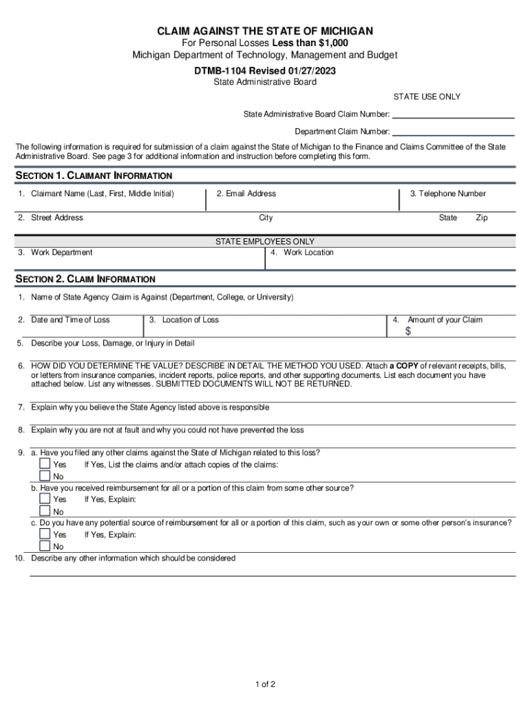 DTMB 1104 Claim Against the State of Michigan for Personal Losses Less Than $1,000 DTMB Forms