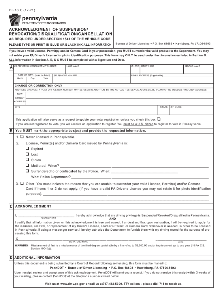 PennDOT Acknowledgment of SuspensionRevocationDisqualificationCancellation  Form