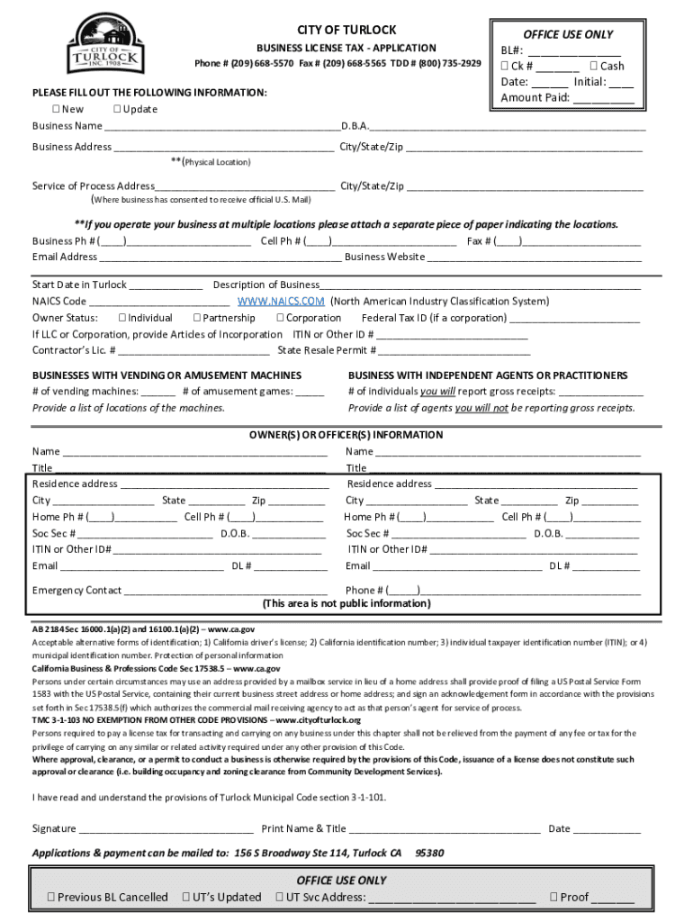  City of Turlock Business License Fill Online, Printable 2021-2024