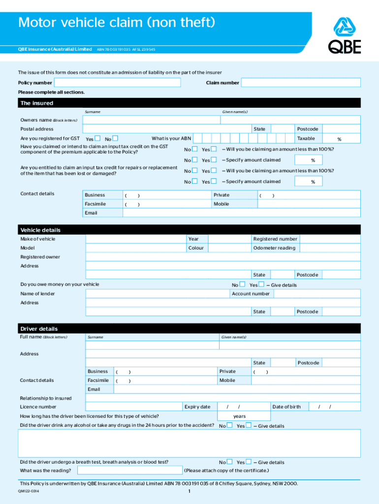  Motor Vehicle Claim Non Theft QBE Insurance Aus 2014-2024