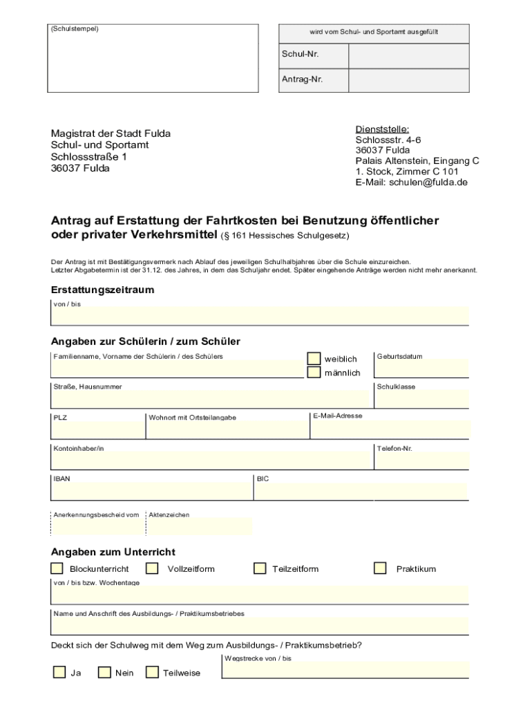 Antrag Auf Erstattung Der Fahrtkosten Bei Benutzung  Form