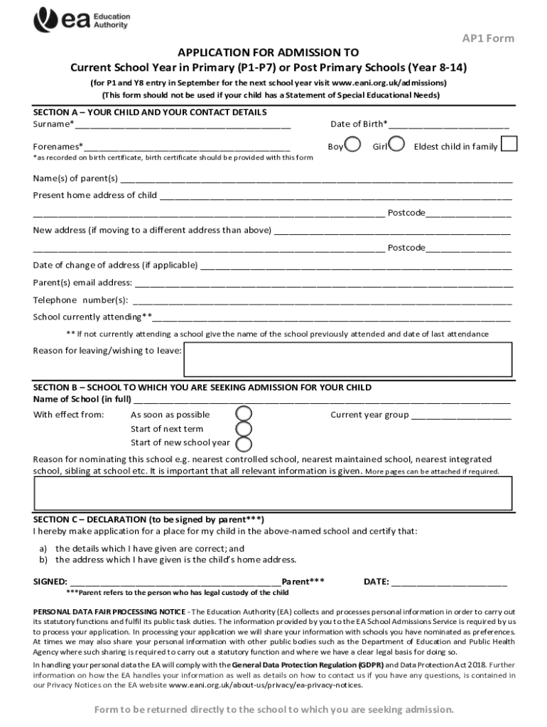 AP1 Form Application for Admission to Primary and Post Primary Schools