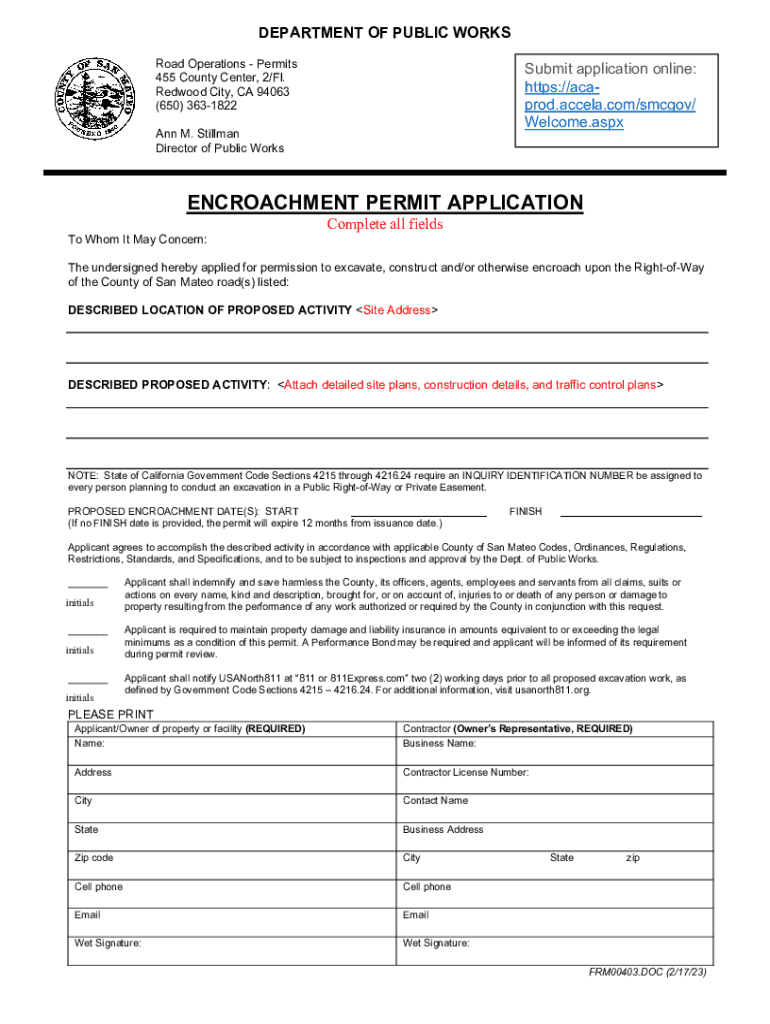  Encroachment Permit with Special Provisions Application 2023-2024