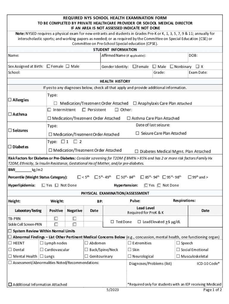  NY Public School Physical Exam Form 2023-2024