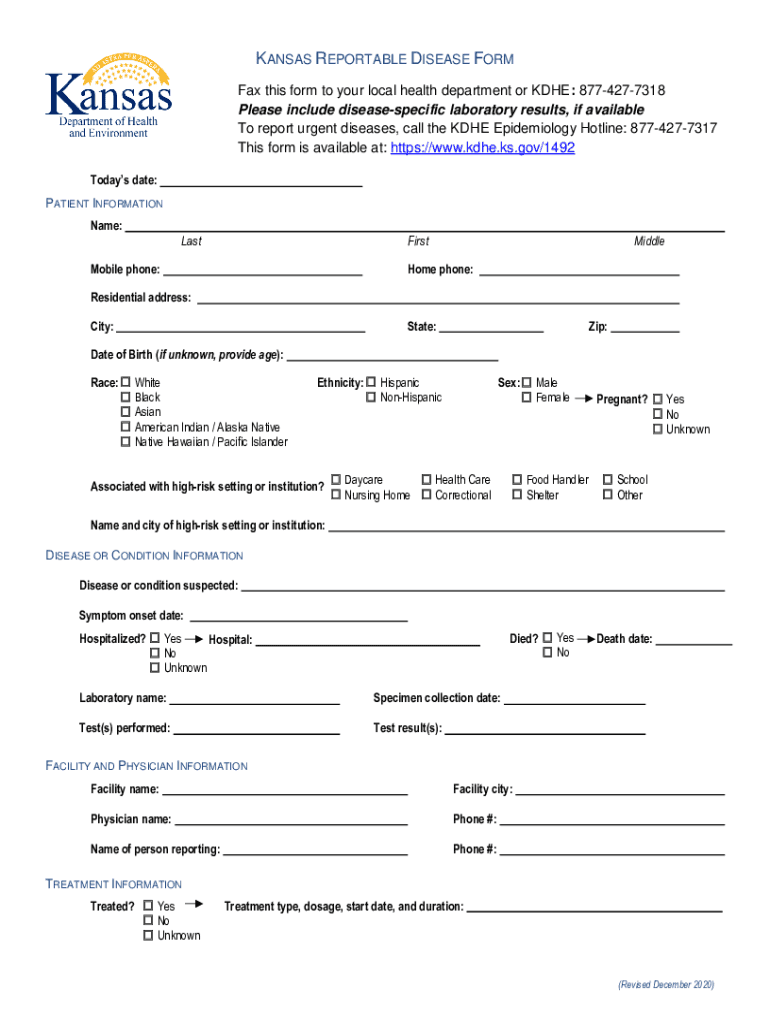 Kansas Reportable Disease Form Fill Out and Sign