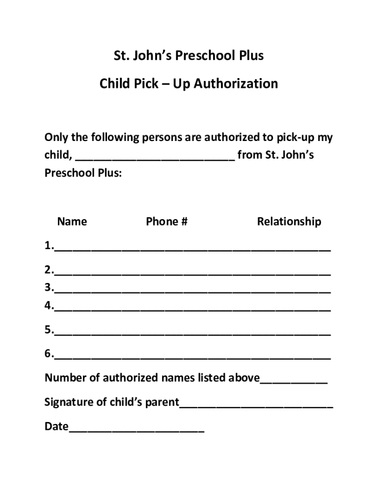 Child Pick Up Authorization Form Fill Online, Printable