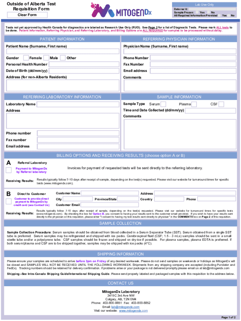 Outside of Alberta Test Requisition FormLab Use on