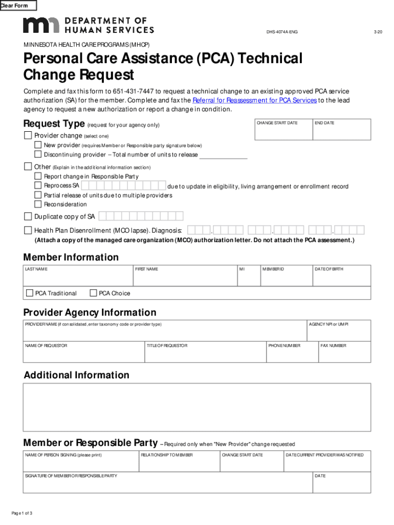 PCA Forms Minnesota Department of Human Services DHS