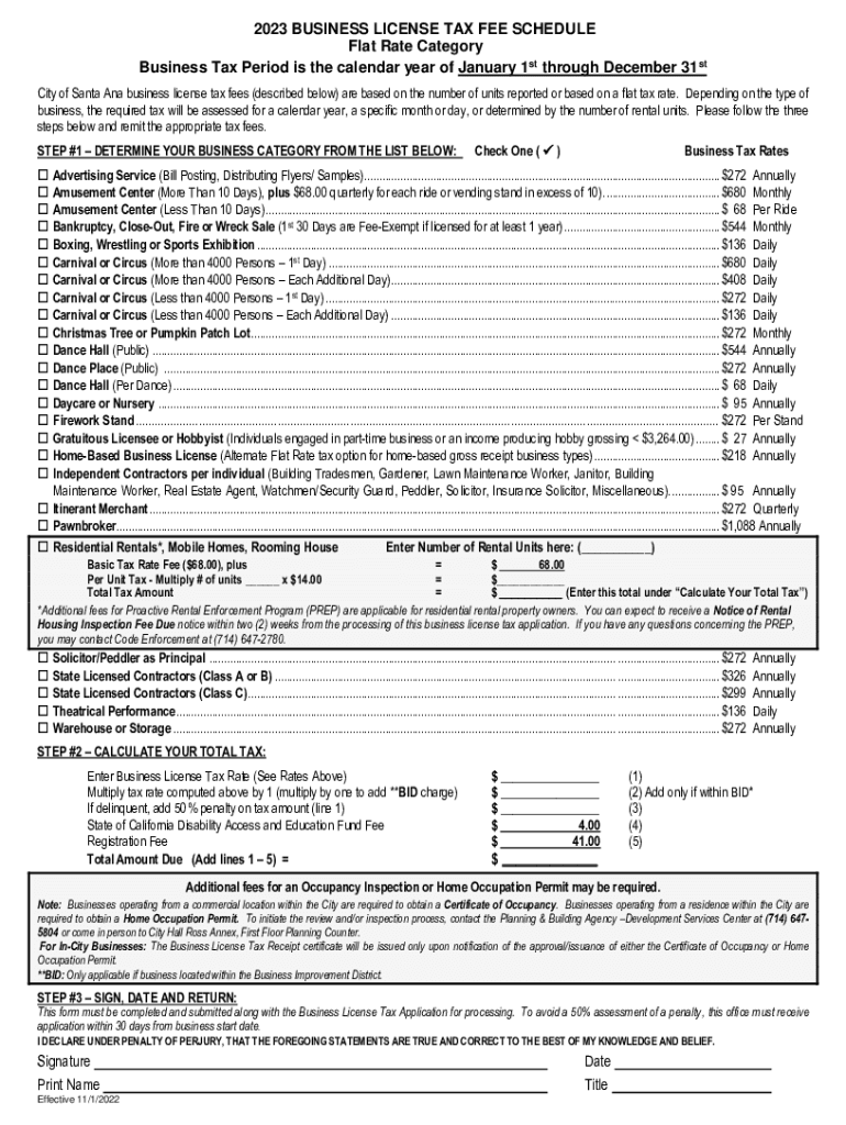 Business License Tax Fee ScheduleVariable Flat Rate  Form