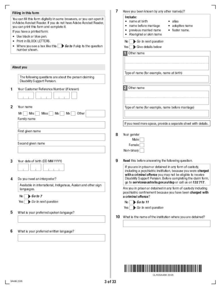  Claim for Disability Support Pension Form SA466 2023-2024