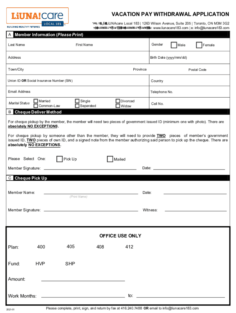  VACATION PAY WITHDRAWAL APPLICATION 6HQG WR LiUNA 2021-2024