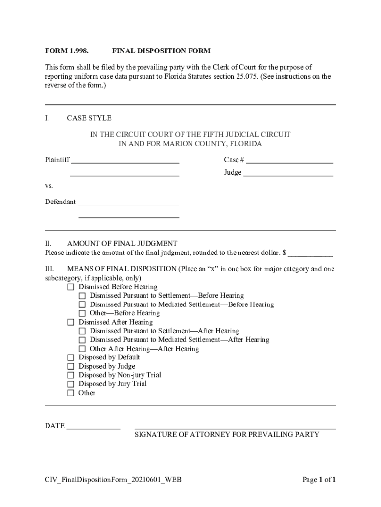  Form 1 998 Final Disposition Form Florida Rules of Civil 2021-2024