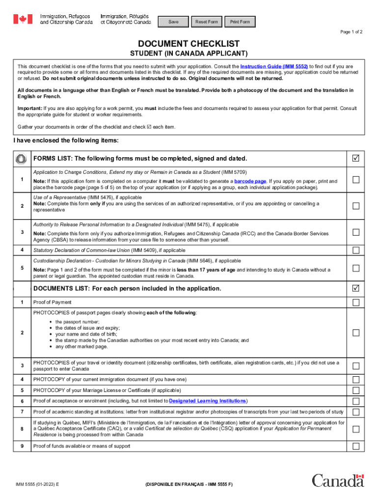 IMM 5555 E Document Checklist Student in Canada Applicant  Form