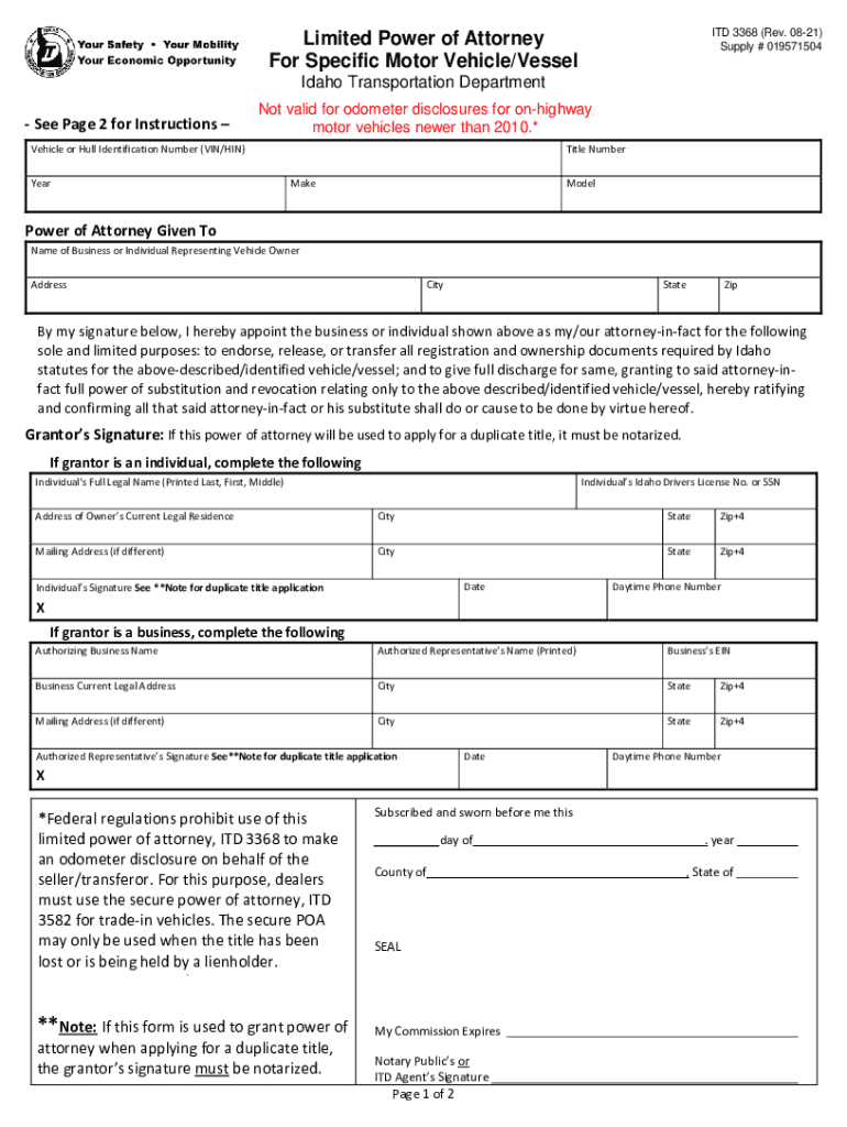  Get Idaho Motor Vehicle Power of Attorney Form ITD 3368 2021-2024