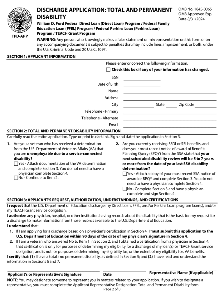  Discharge ApplicationTotal and Permanent Disability 2022-2024