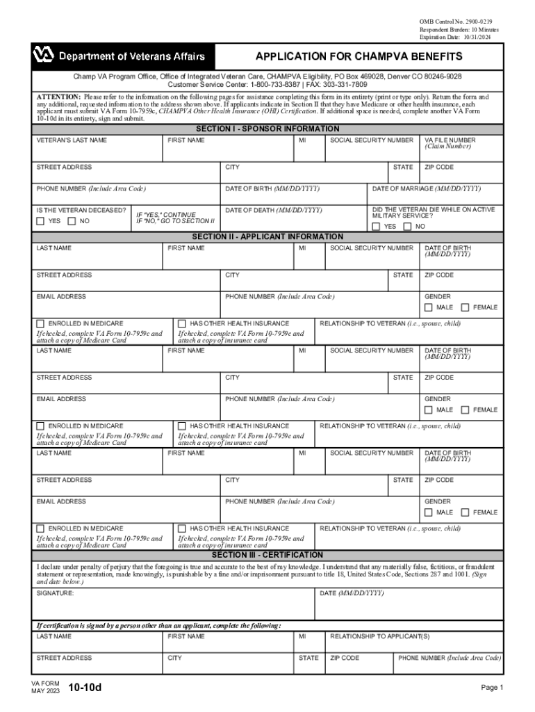  VA Form 10 10d APPLICATION for CHAMP V a BENEFITS 2023-2024