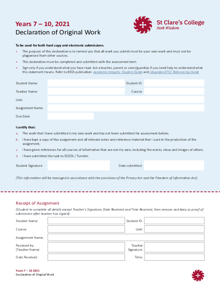  Years 7 10, Declaration of Original Work to B 2021-2024