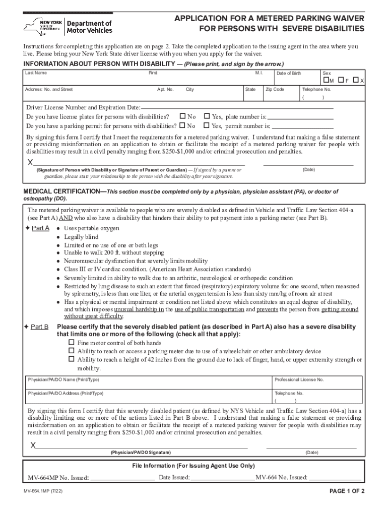  APPLICATION for a METERED PARKING WAIVER for PERSONS with SEVERE DISABILITIES 2022-2024