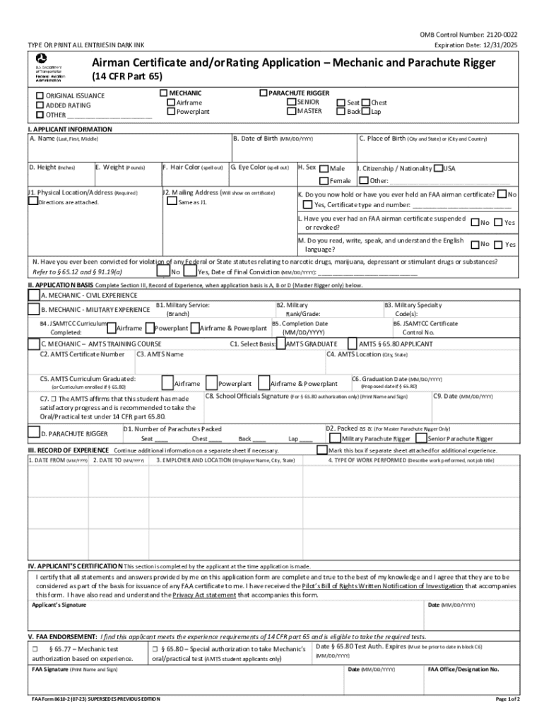  Form FAA 8610 2 Airman Certificate Andor Rating 2023-2024